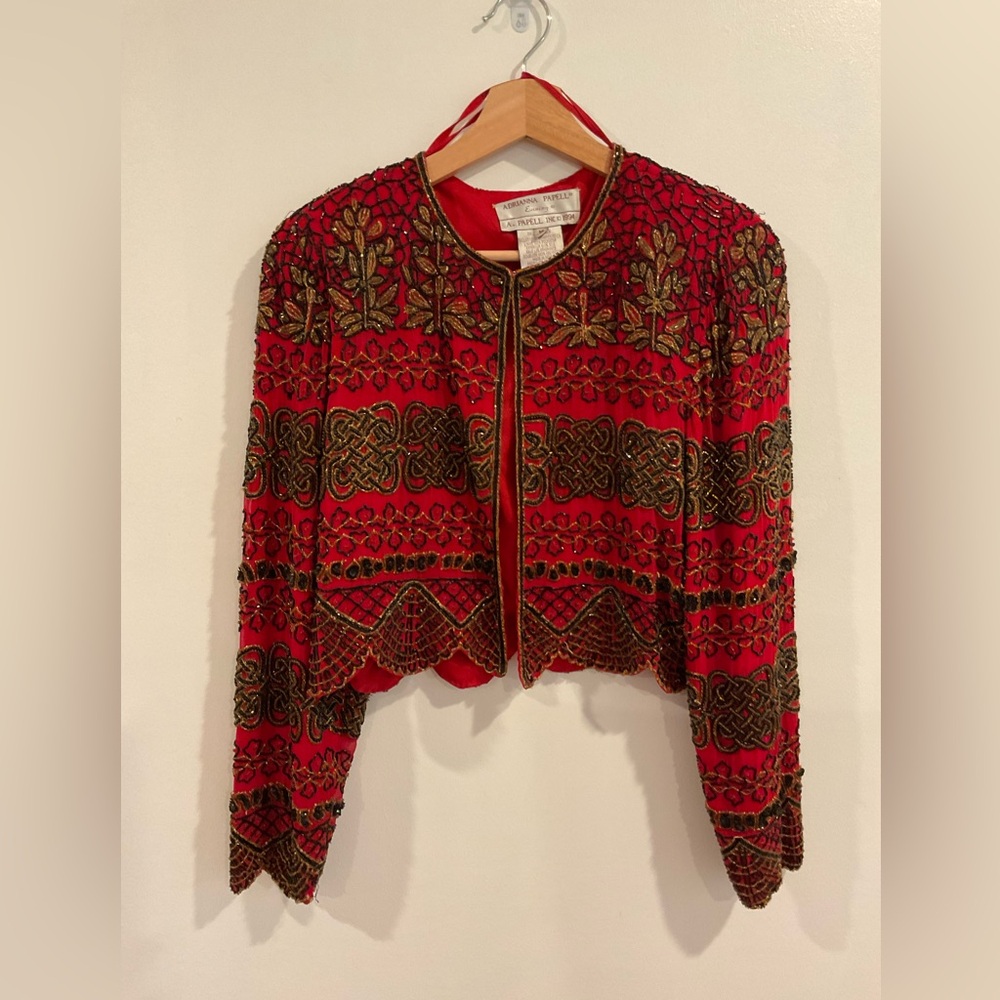 Adrianna Papell Red bolerowith Gold Embroidery and beading